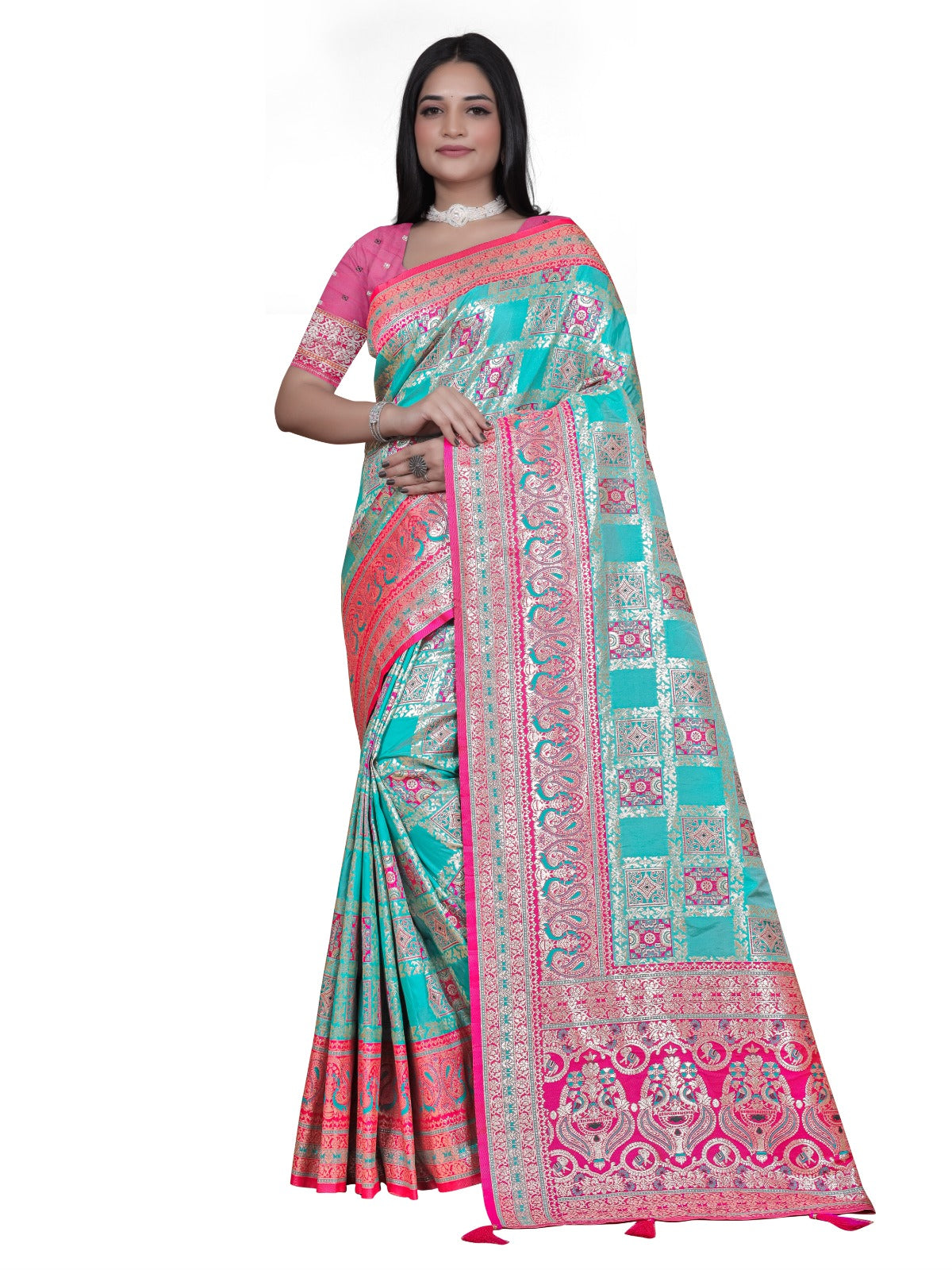 Turquoise & Pink Banarasi Silk Saree with Silver Zari Elegance