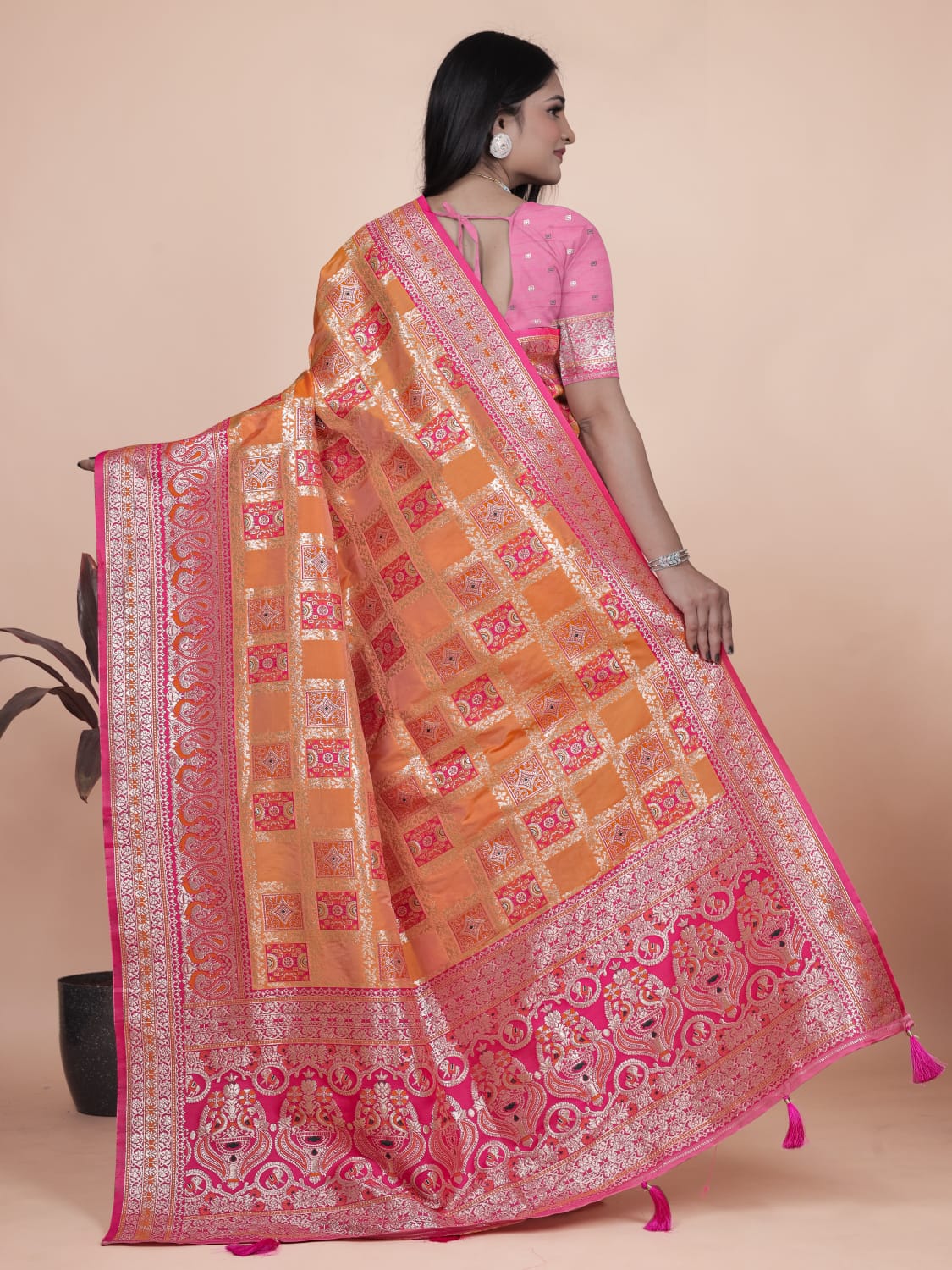 Orange and Pink Banarasi Silk Saree with Silver Zari Detailing
