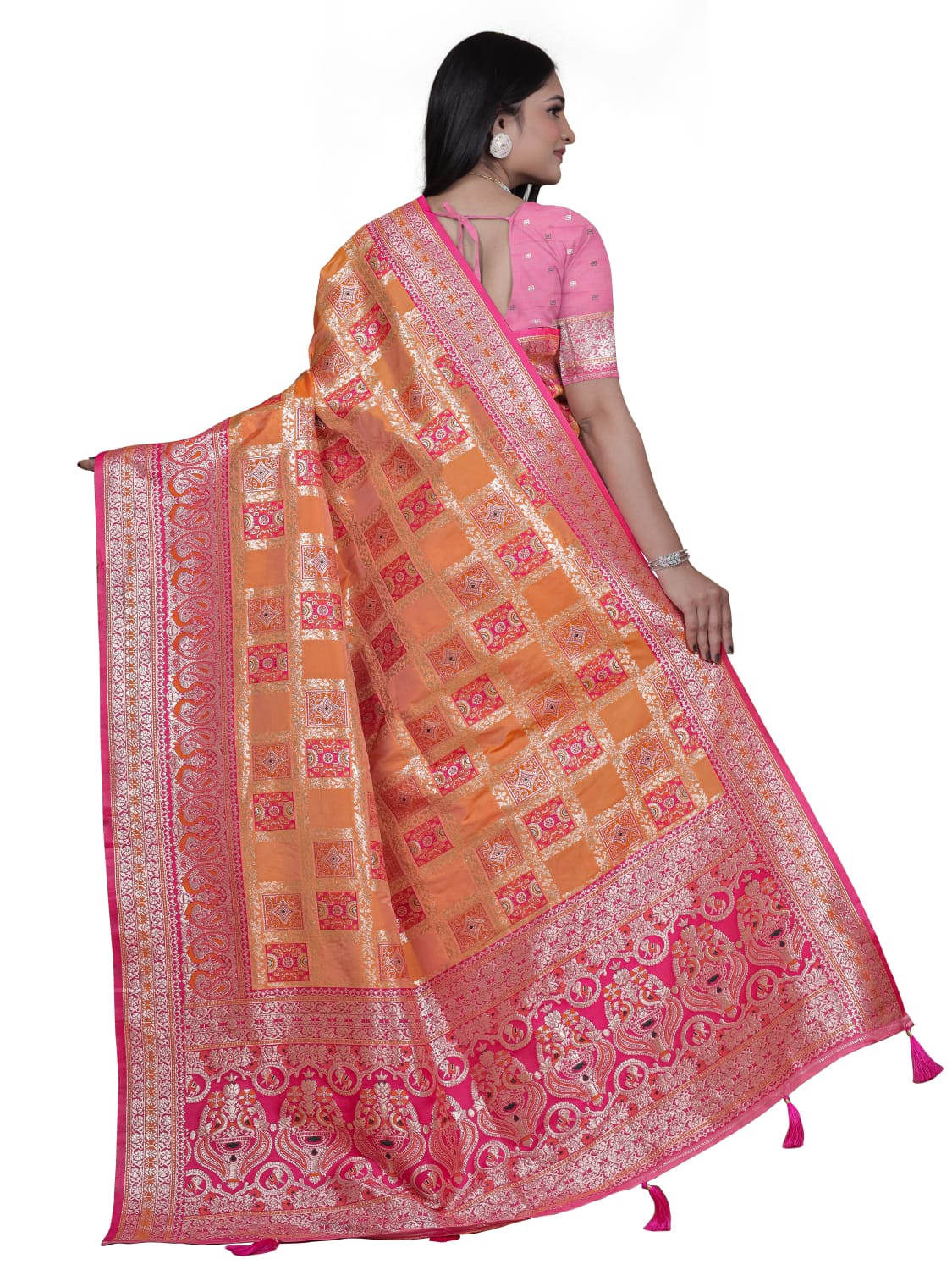 Orange and Pink Banarasi Silk Saree with Silver Zari Detailing
