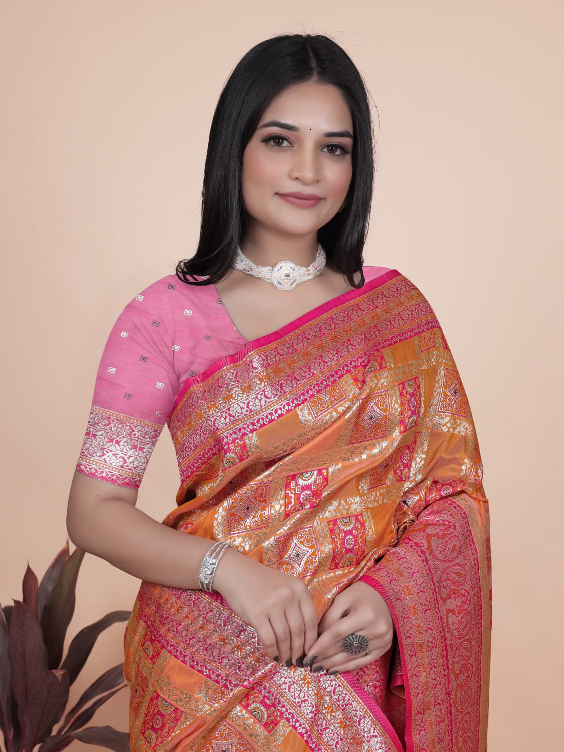Orange and Pink Banarasi Silk Saree with Silver Zari Detailing