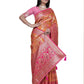 Orange and Pink Banarasi Silk Saree with Silver Zari Detailing