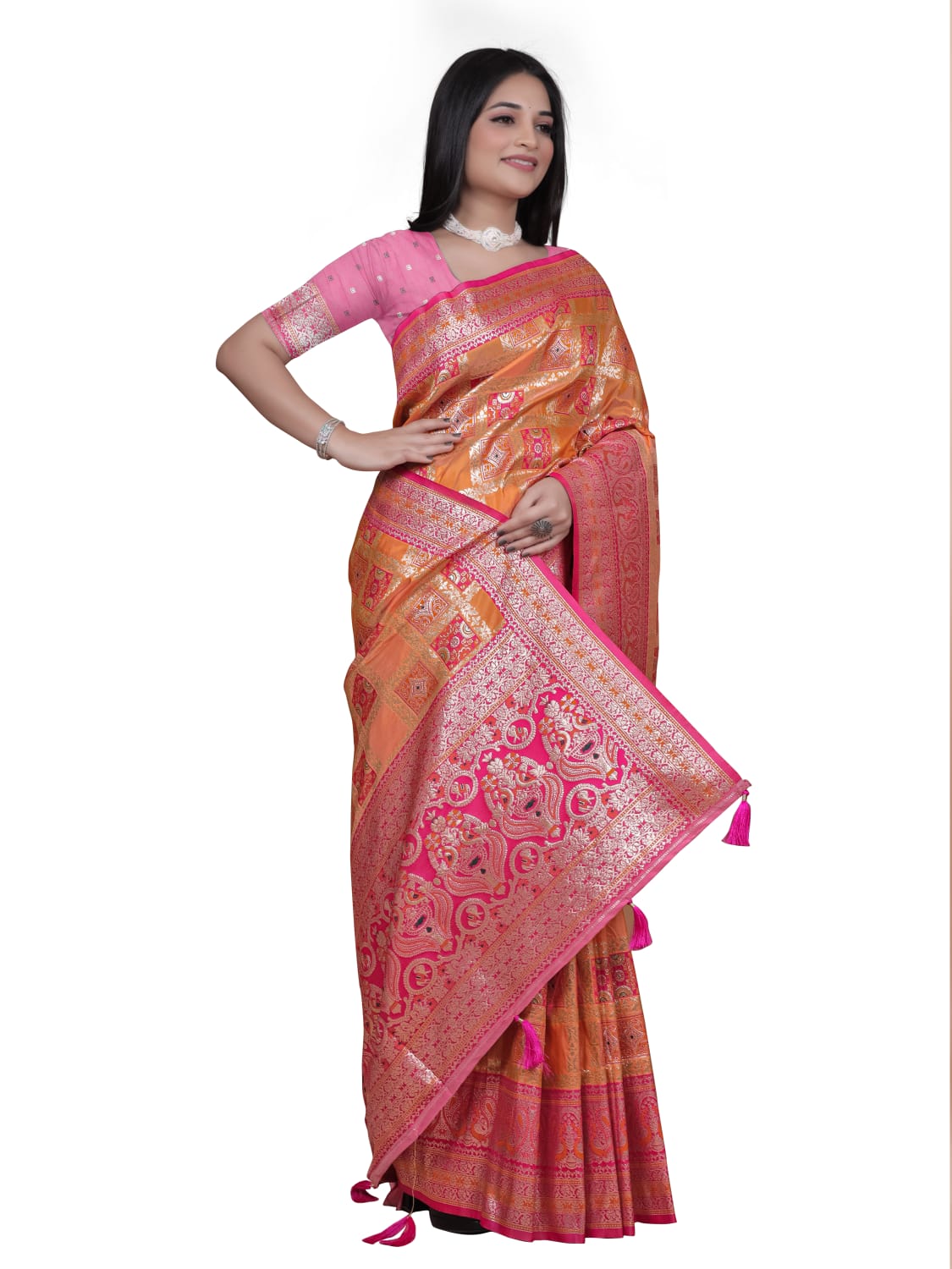Orange and Pink Banarasi Silk Saree with Silver Zari Detailing