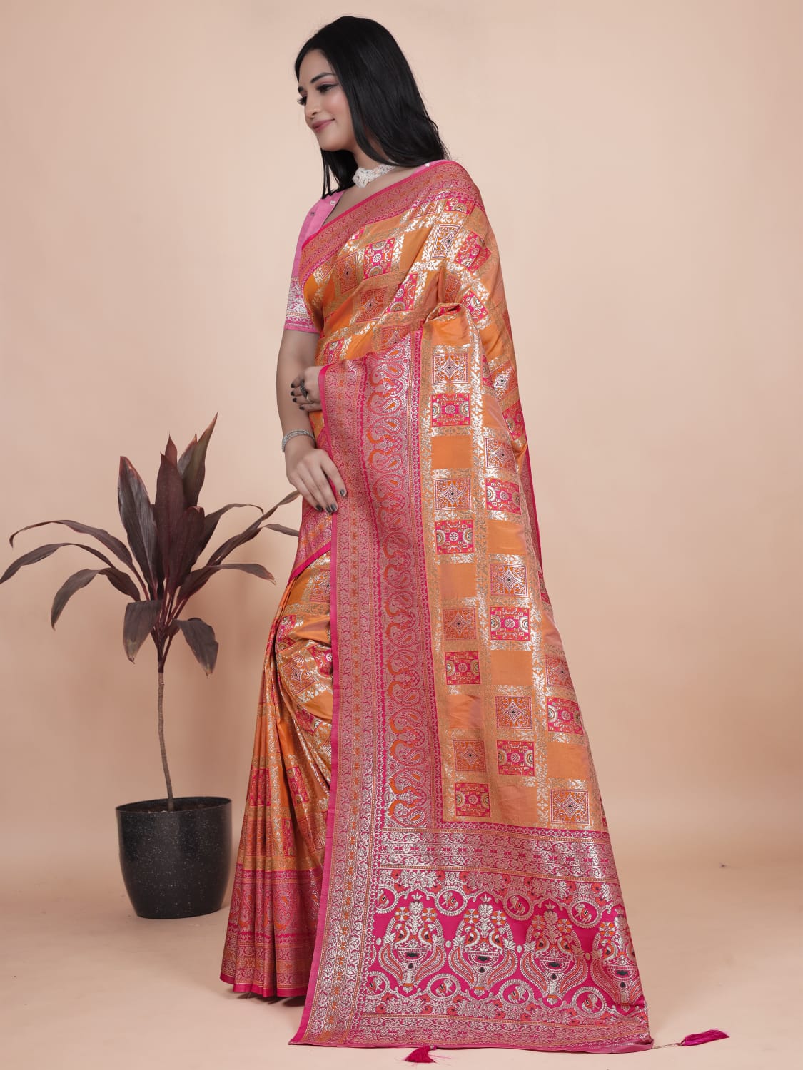 Orange and Pink Banarasi Silk Saree with Silver Zari Detailing