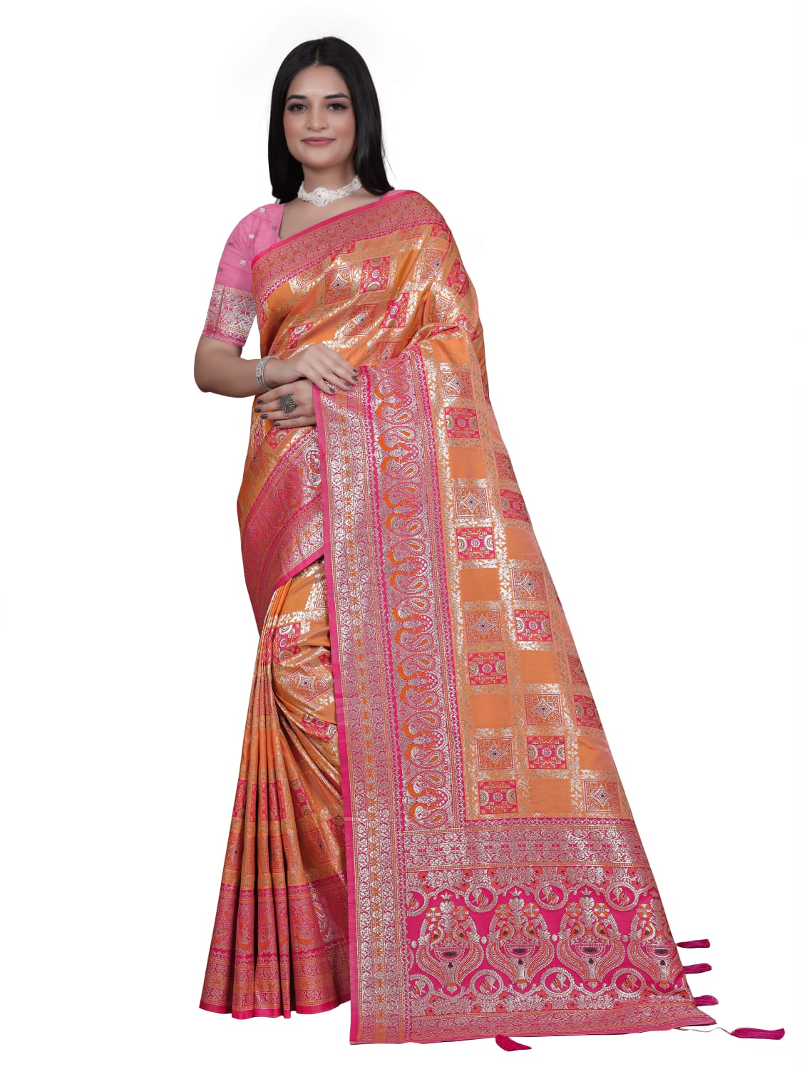 Orange and Pink Banarasi Silk Saree with Silver Zari Detailing