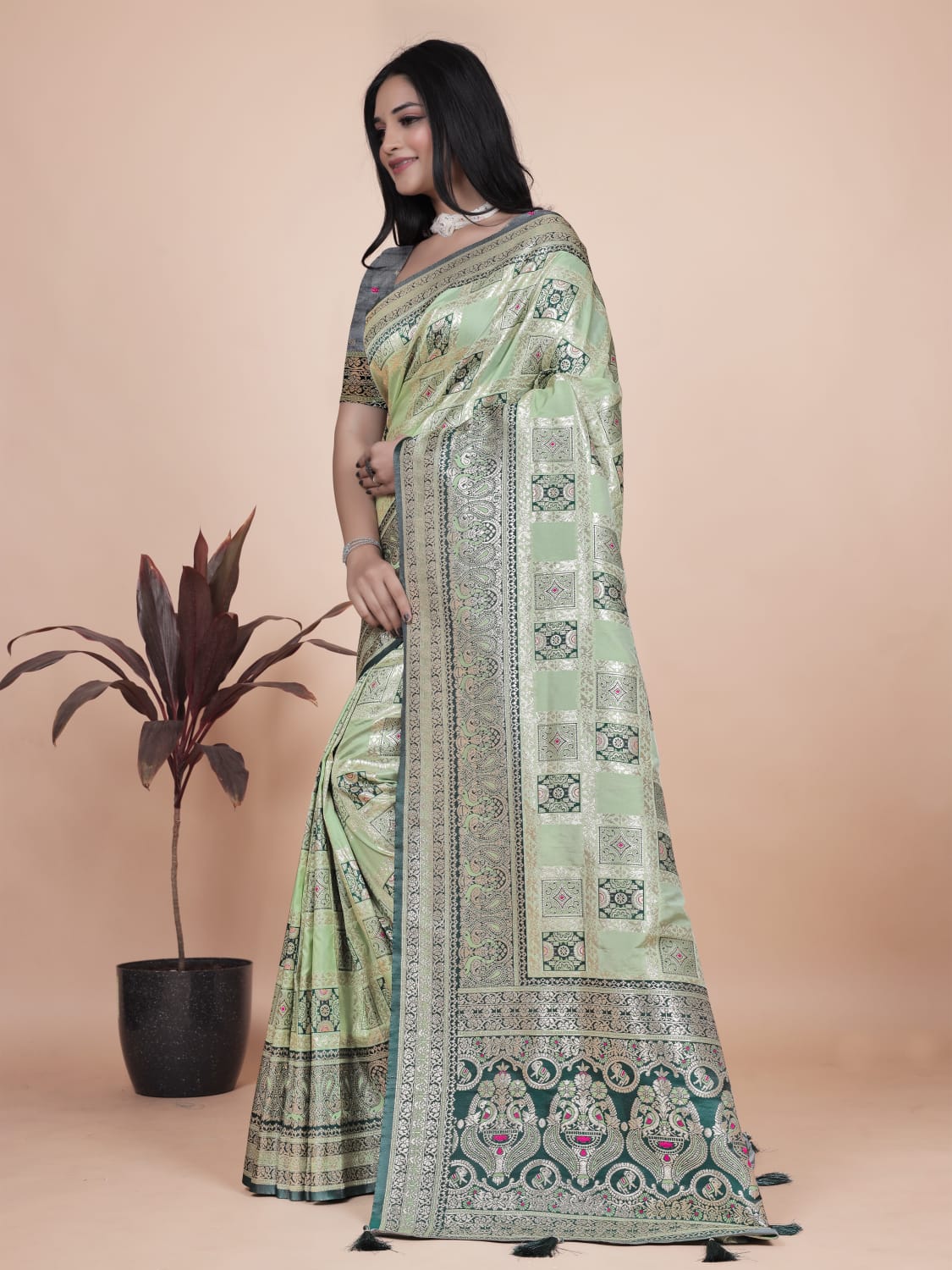 Mint Green Banarasi Silk Saree with Silver & Emerald Zari Weaving