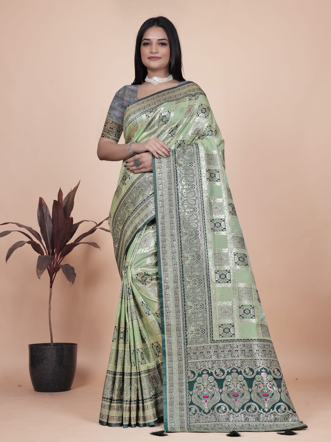 Mint Green Banarasi Silk Saree with Silver & Emerald Zari Weaving