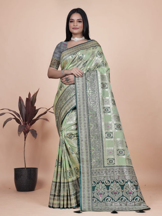 Mint Green Banarasi Silk Saree with Silver & Emerald Zari Weaving