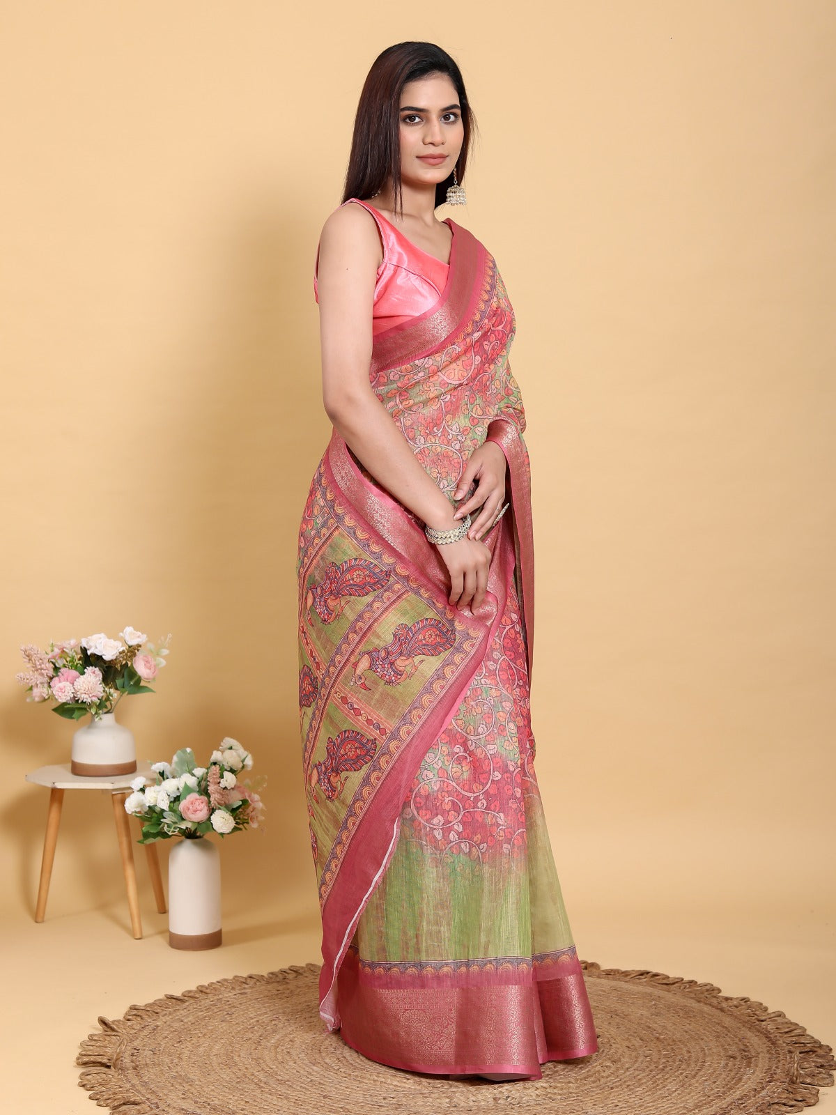 Elegant Pink-Green Jacquard Linen Cotton Saree