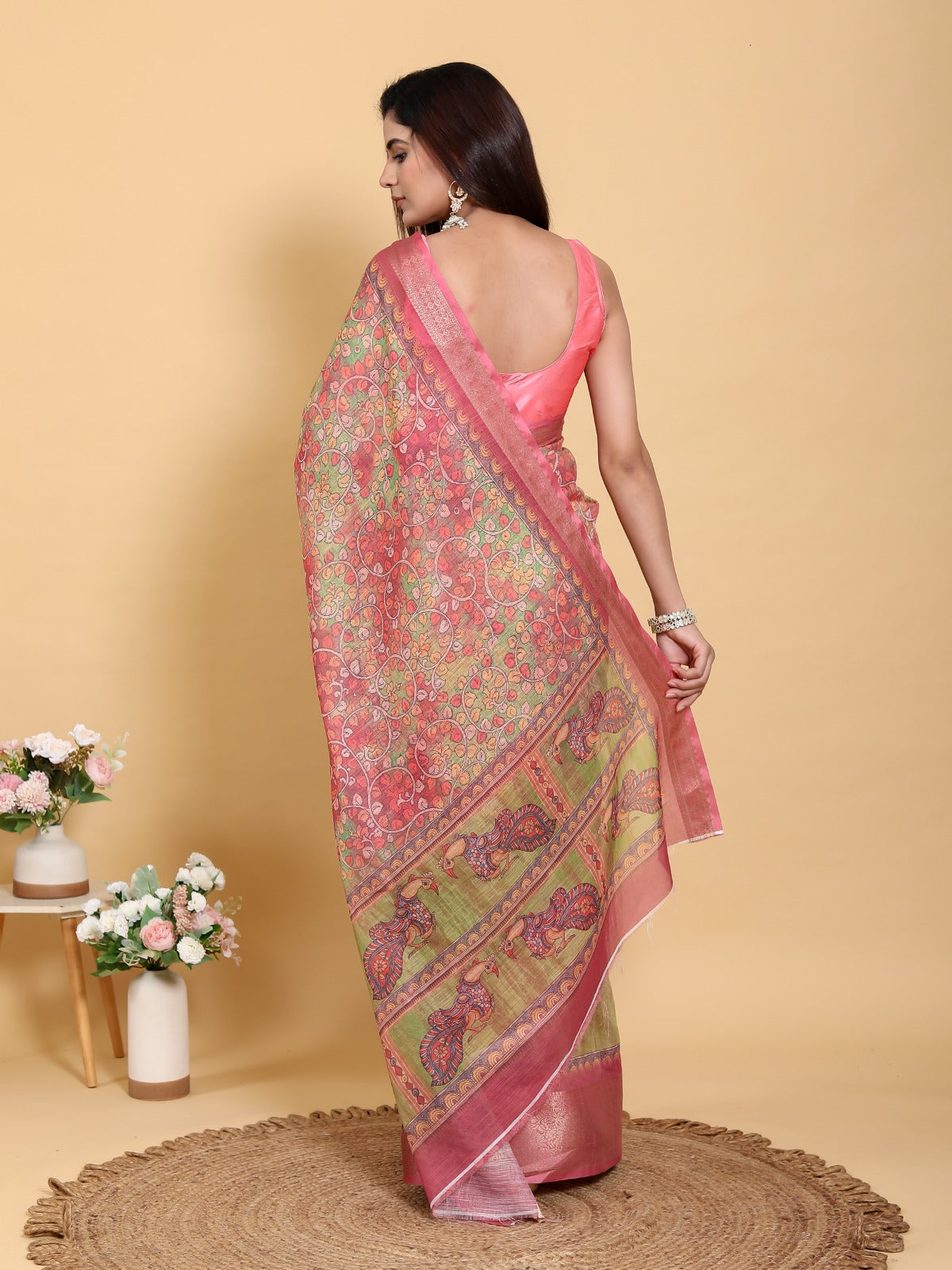Elegant Pink-Green Jacquard Linen Cotton Saree