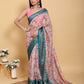 Elegant Pink Floral Print Linen Cotton Saree