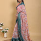 Elegant Pink Floral Print Linen Cotton Saree