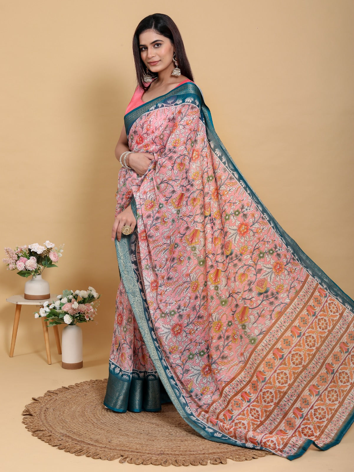 Elegant Pink Floral Print Linen Cotton Saree