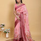 Elegant Rose Pink Floral Print Linen Cotton Saree