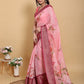 Elegant Rose Pink Floral Print Linen Cotton Saree