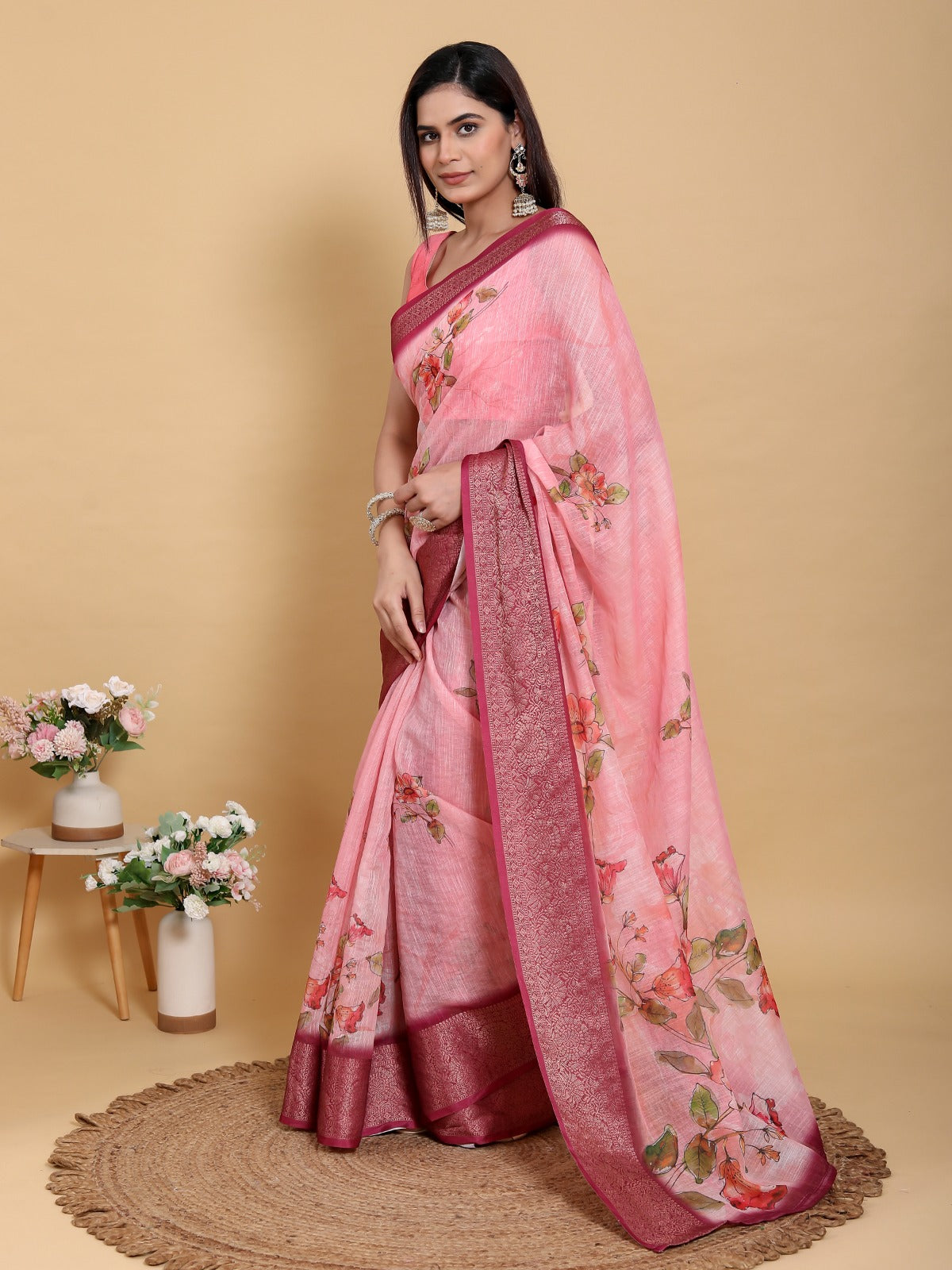 Elegant Rose Pink Floral Print Linen Cotton Saree
