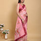 Elegant Rose Pink Floral Print Linen Cotton Saree