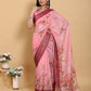 Elegant Rose Pink Floral Print Linen Cotton Saree