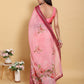 Elegant Rose Pink Floral Print Linen Cotton Saree