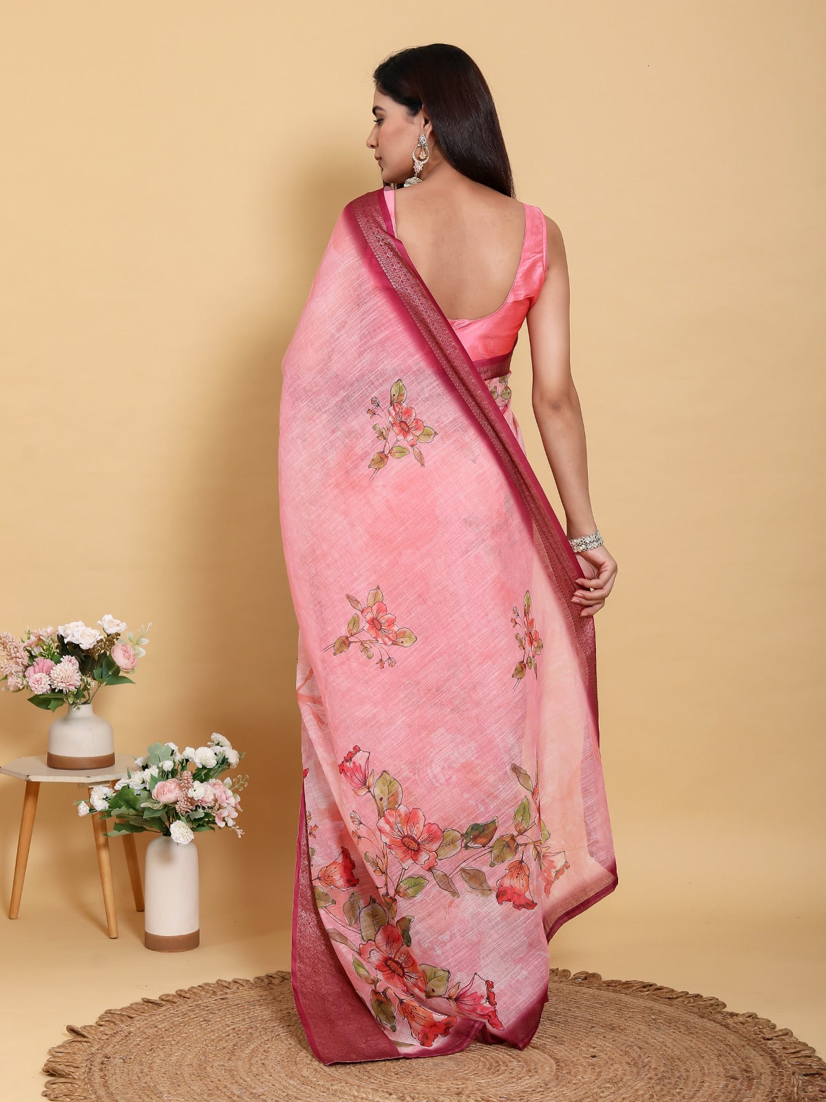 Elegant Rose Pink Floral Print Linen Cotton Saree