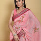 Elegant Rose Pink Floral Print Linen Cotton Saree