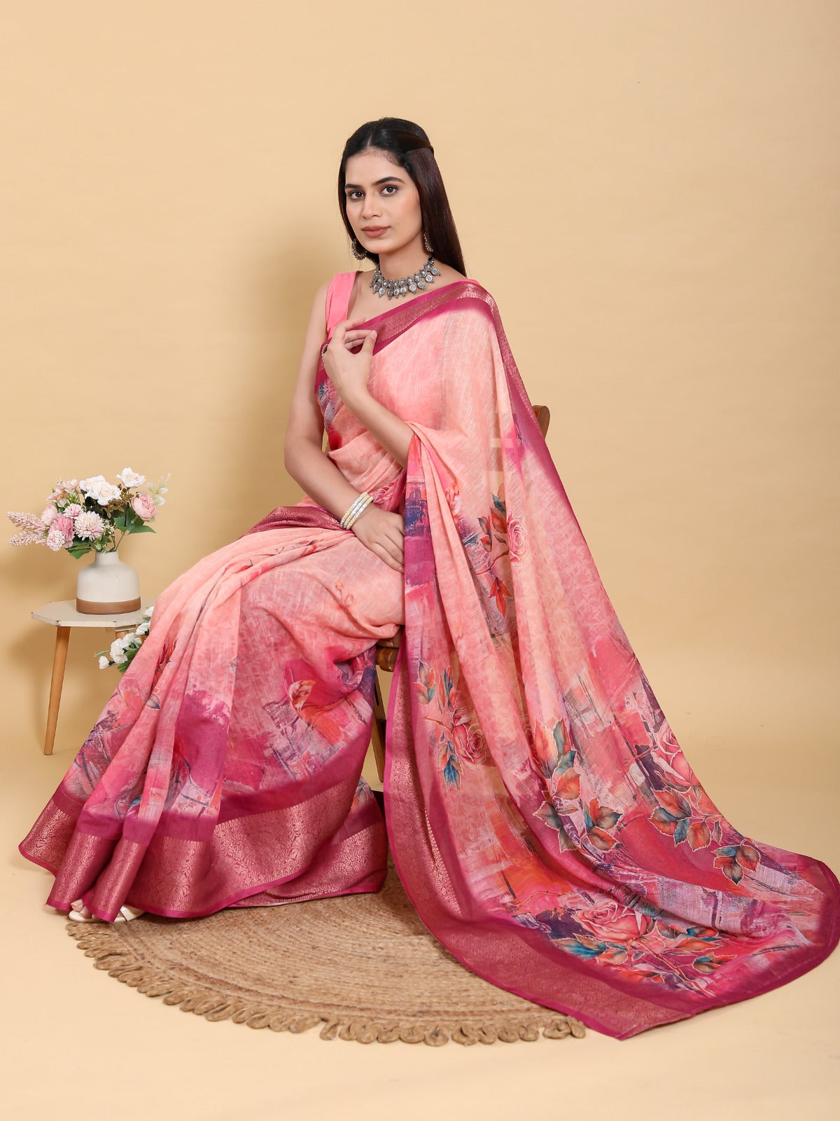 Sunset Pink Abstract Floral Print Linen Cotton Saree