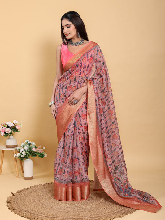 Mauve Floral Print Linen Cotton Saree