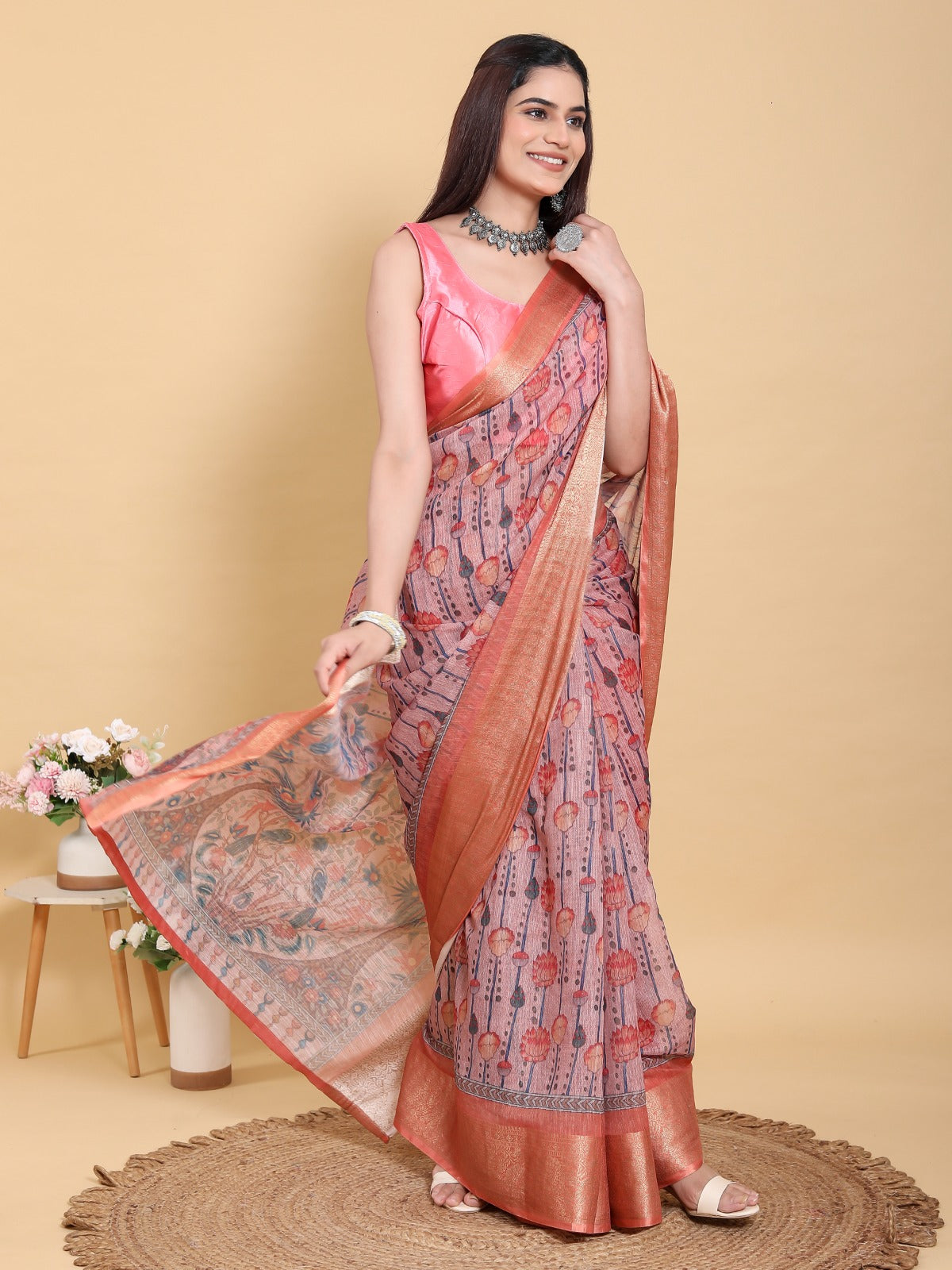 Mauve Floral Print Linen Cotton Saree