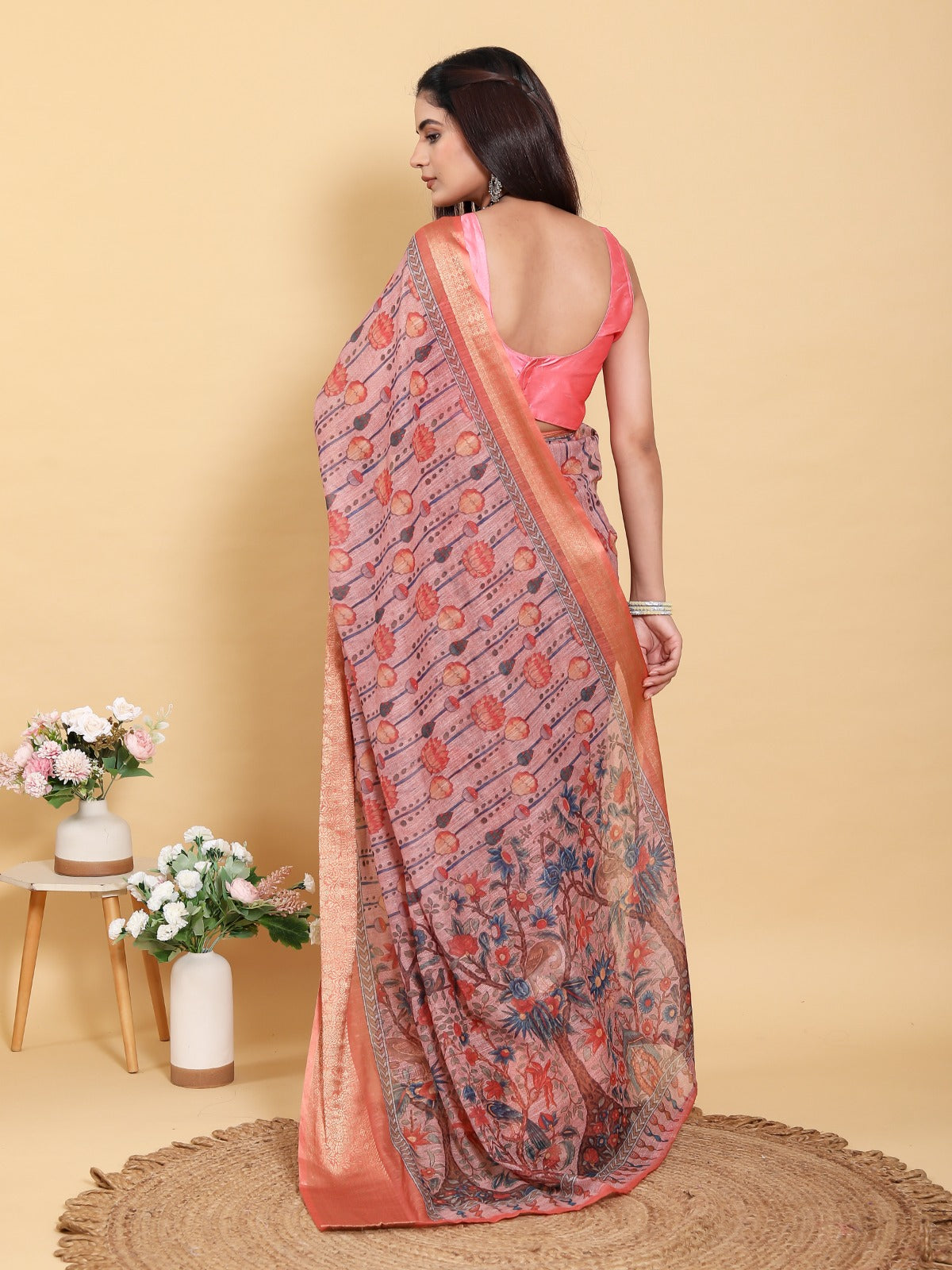 Mauve Floral Print Linen Cotton Saree