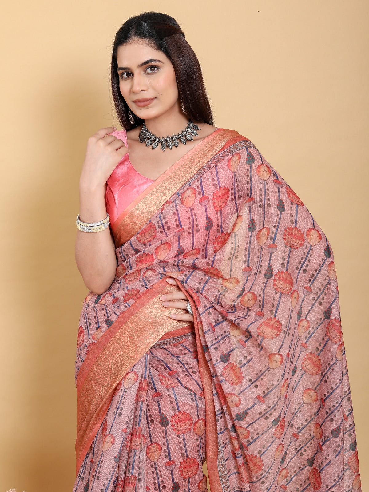 Mauve Floral Print Linen Cotton Saree