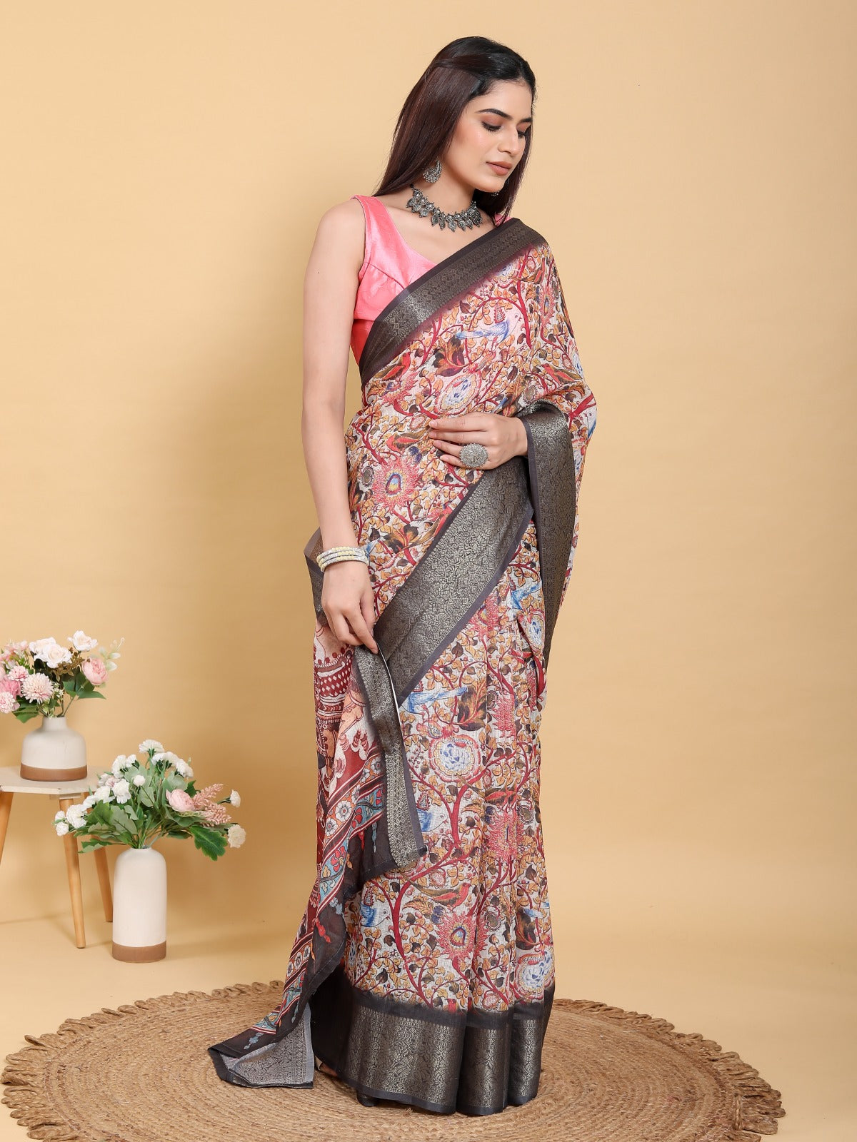 Artistic Pink Multi-Print Linen Cotton Saree