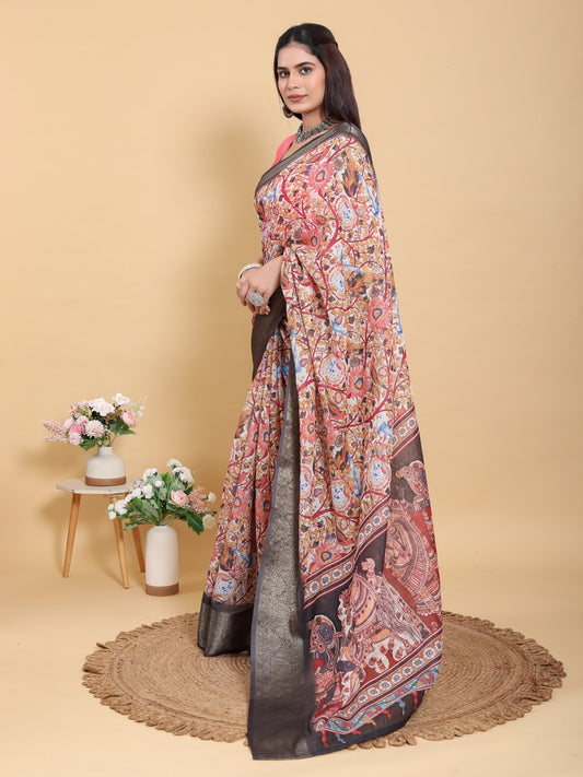 Artistic Pink Multi-Print Linen Cotton Saree