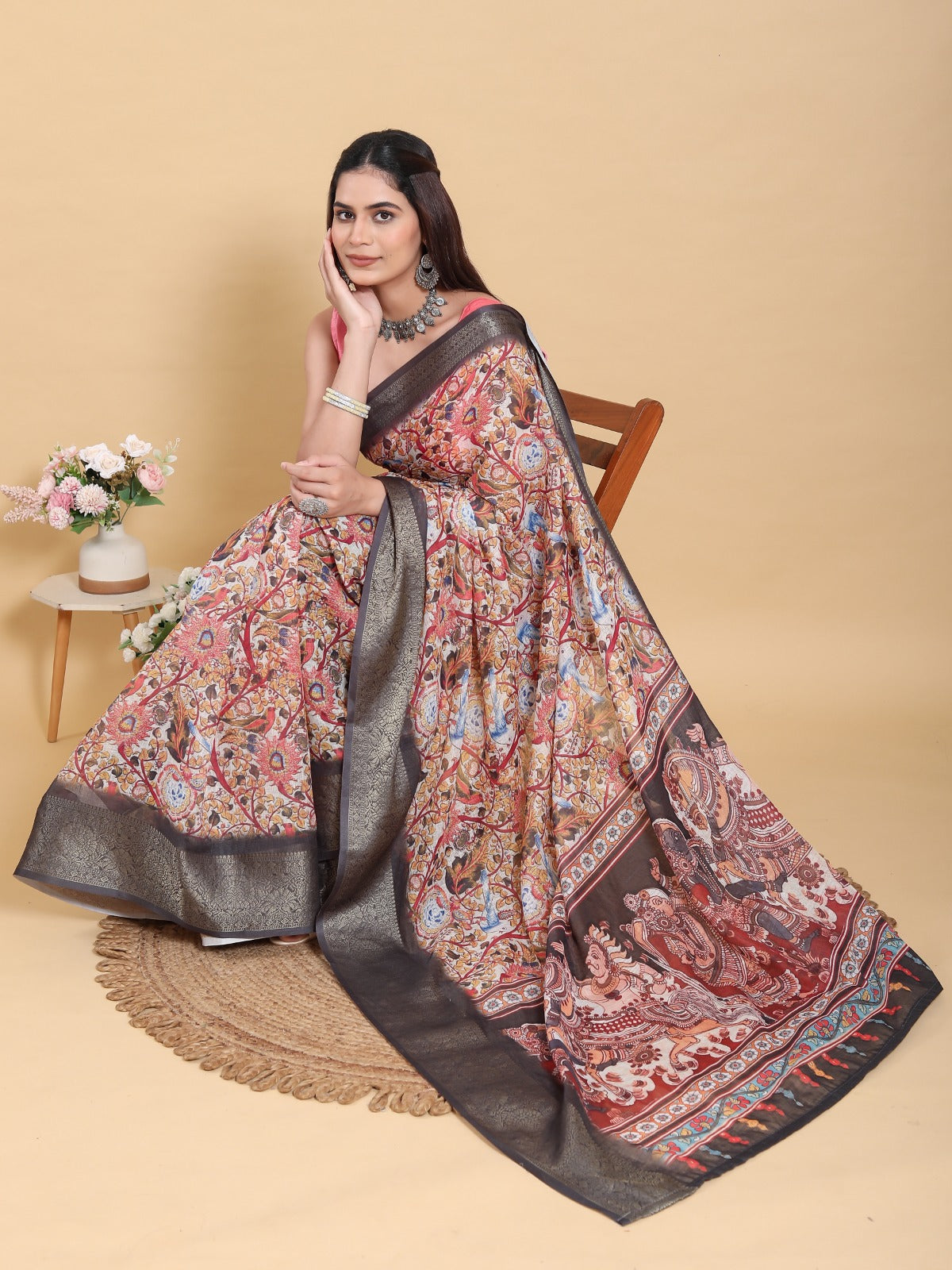 Artistic Pink Multi-Print Linen Cotton Saree