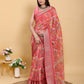 Bold Red Artistic Print Linen Cotton Saree