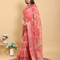 Bold Red Artistic Print Linen Cotton Saree