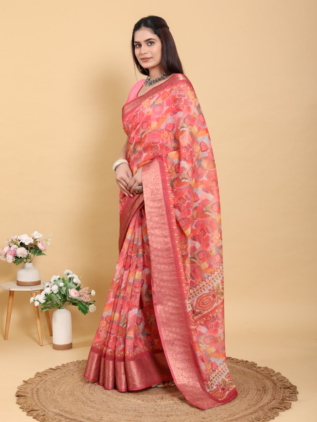 Peach Orange Floral Print Linen Cotton Saree