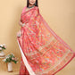 Peach Orange Floral Print Linen Cotton Saree