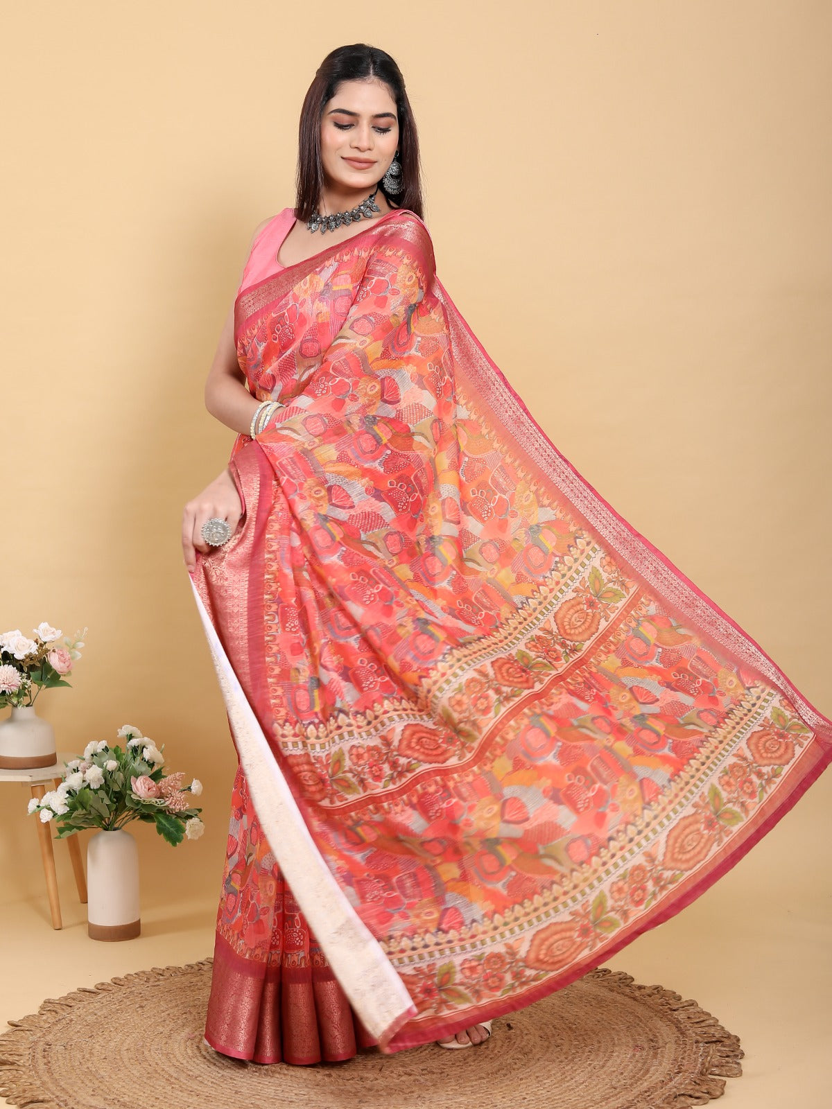 Peach Orange Floral Print Linen Cotton Saree