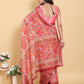 Peach Orange Floral Print Linen Cotton Saree
