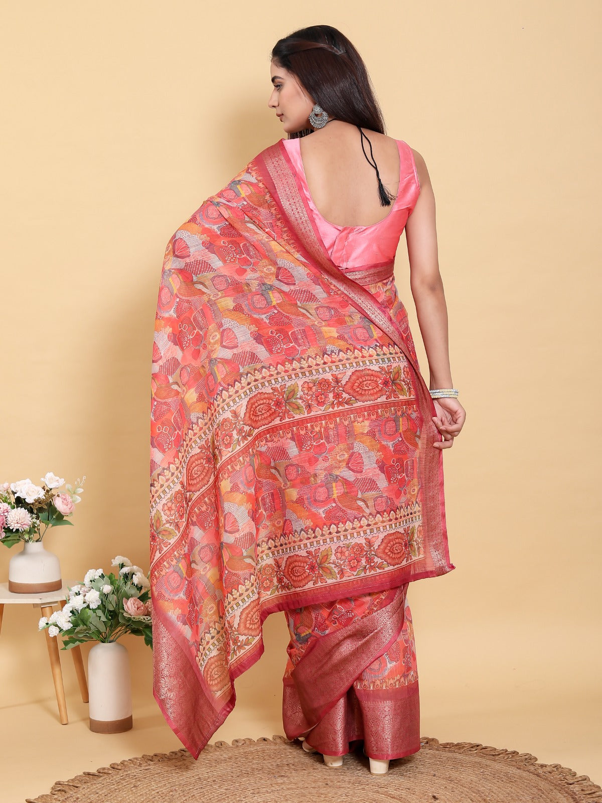 Peach Orange Floral Print Linen Cotton Saree