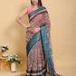 Artistic Brown & Teal Motif Linen Cotton Saree
