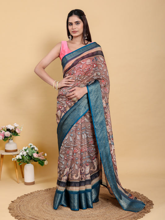 Artistic Brown & Teal Motif Linen Cotton Saree