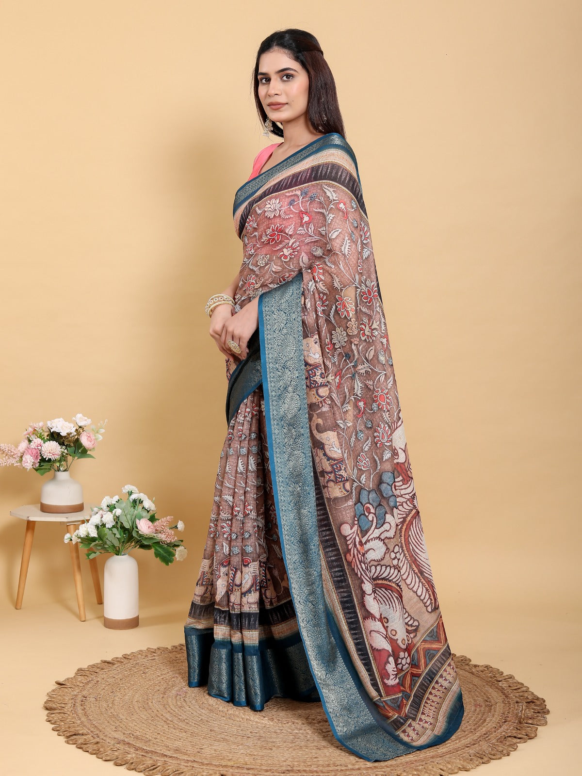 Artistic Brown & Teal Motif Linen Cotton Saree