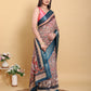 Artistic Brown & Teal Motif Linen Cotton Saree