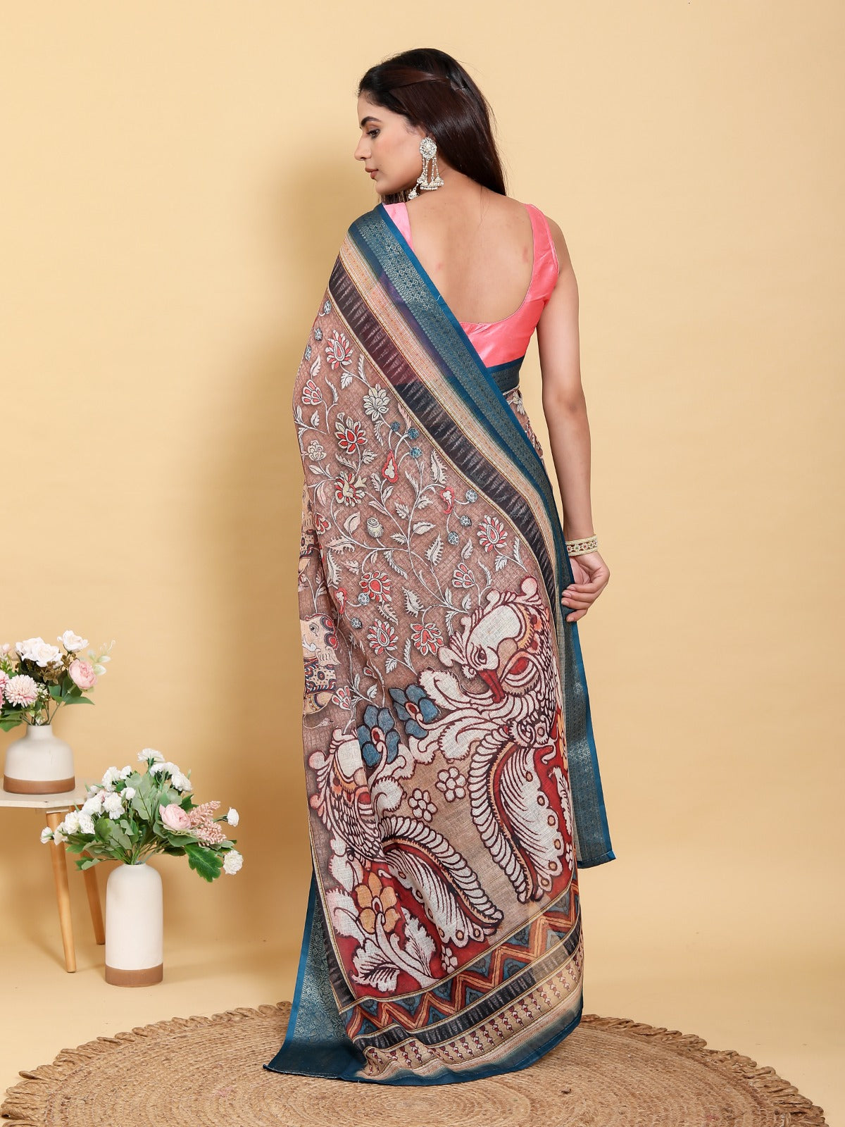 Artistic Brown & Teal Motif Linen Cotton Saree