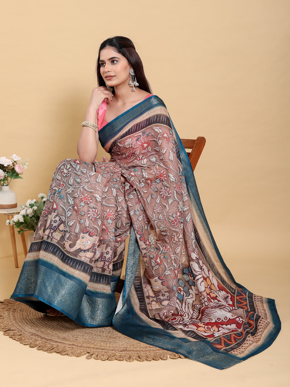 Artistic Brown & Teal Motif Linen Cotton Saree