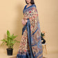 Artistic Brown & Teal Motif Linen Cotton Saree