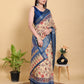 Artistic Brown & Teal Motif Linen Cotton Saree