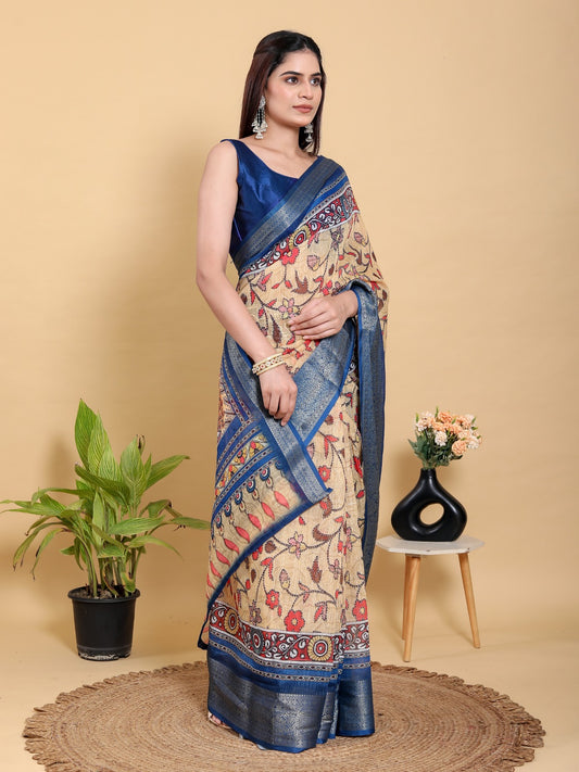 Artistic Brown & Teal Motif Linen Cotton Saree