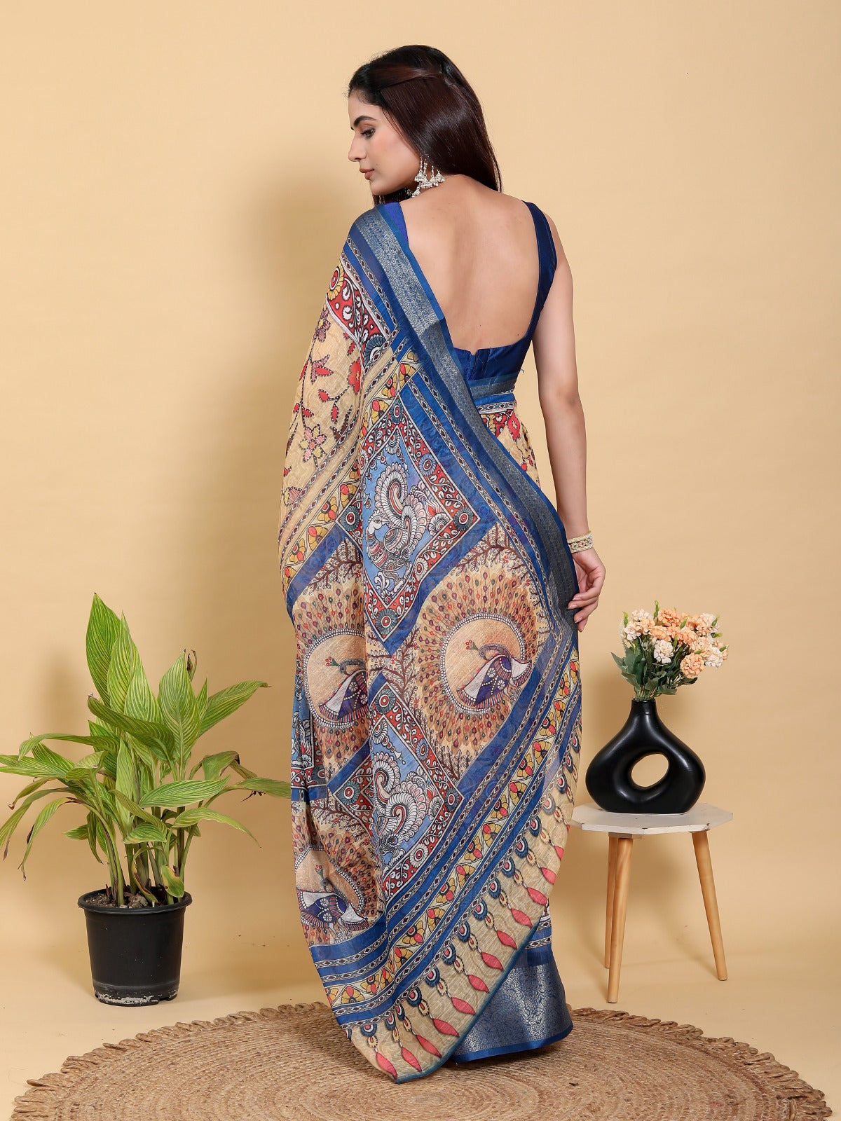 Artistic Brown & Teal Motif Linen Cotton Saree