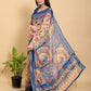Artistic Brown & Teal Motif Linen Cotton Saree